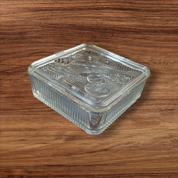 Federal Glass Clear Ribbed Refrigerator Dish W/ Veggie Lid Art - Vintage Charm - Picture 1 of 11